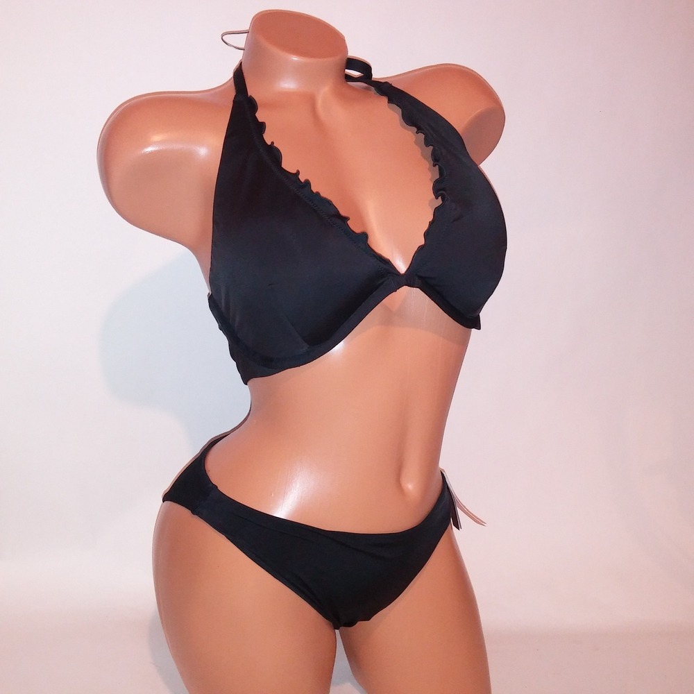Victoria Secret Swim Bikini 36D Top Medium Bottom Padded Black Solid Scallop New